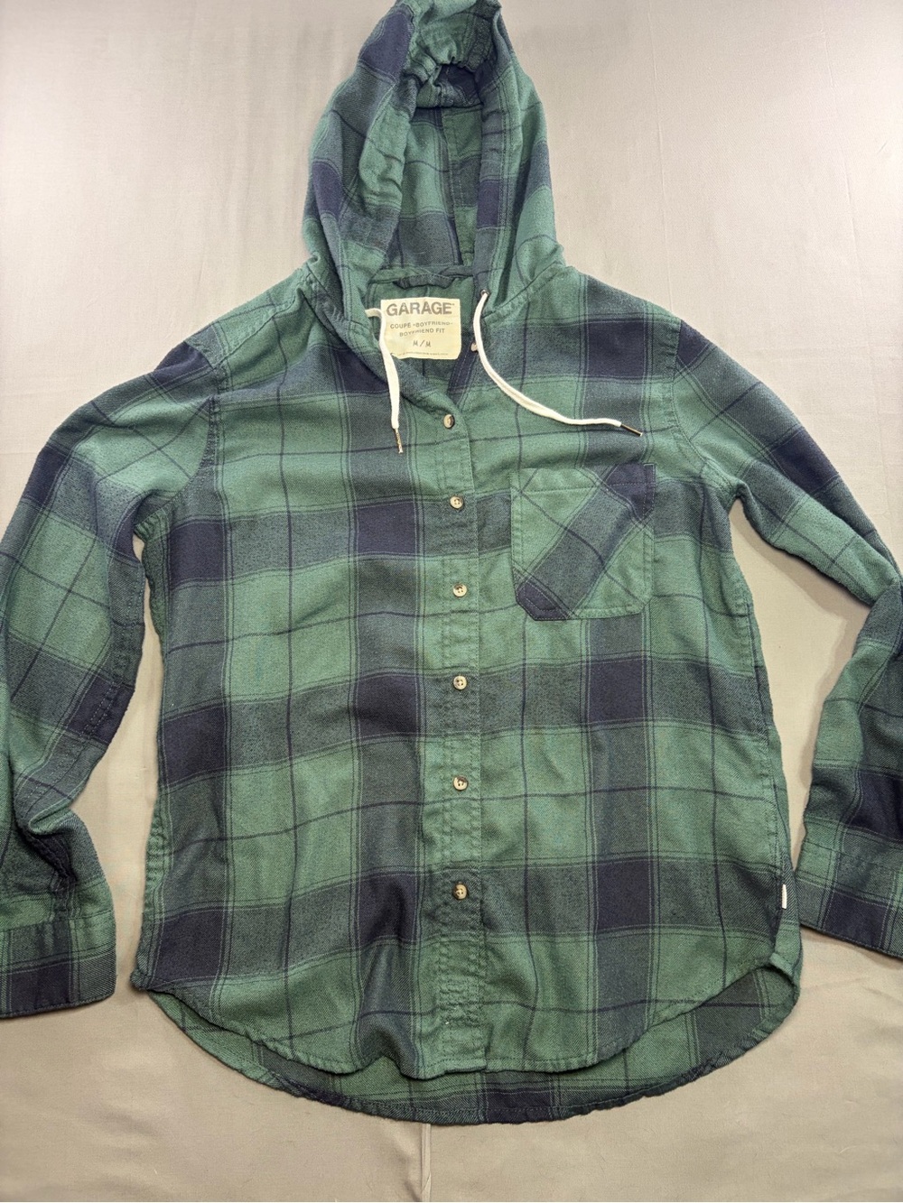 Garage Green and Navy Plaid Hooded Button-Up Shirt